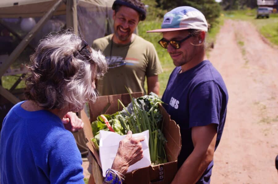 Farmer Marty Curry and volunteer Alex Nelson greet a Madeline Island summer resident with food, tea and coffee sourced from the Anishinaabe CSA.