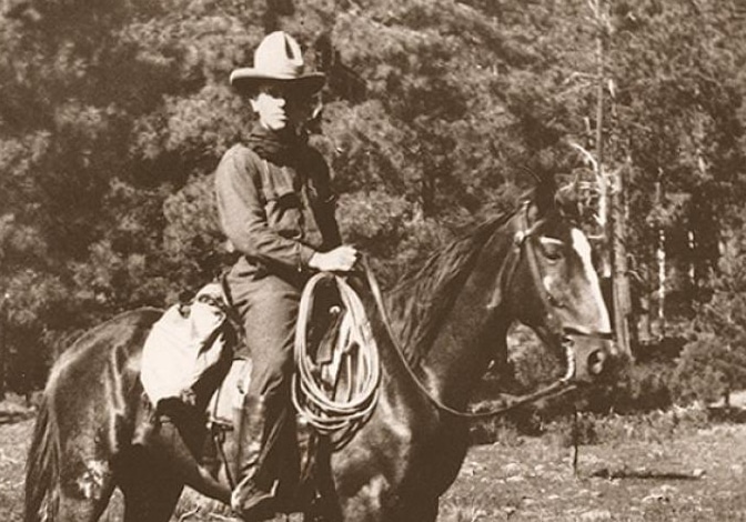Nation Forest Service employee Aldo Leopold on horseback in Carson National Forest in northern New Mexico in 1911.