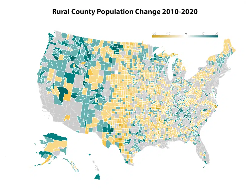 Map of rural county population change from 2010 to 2020