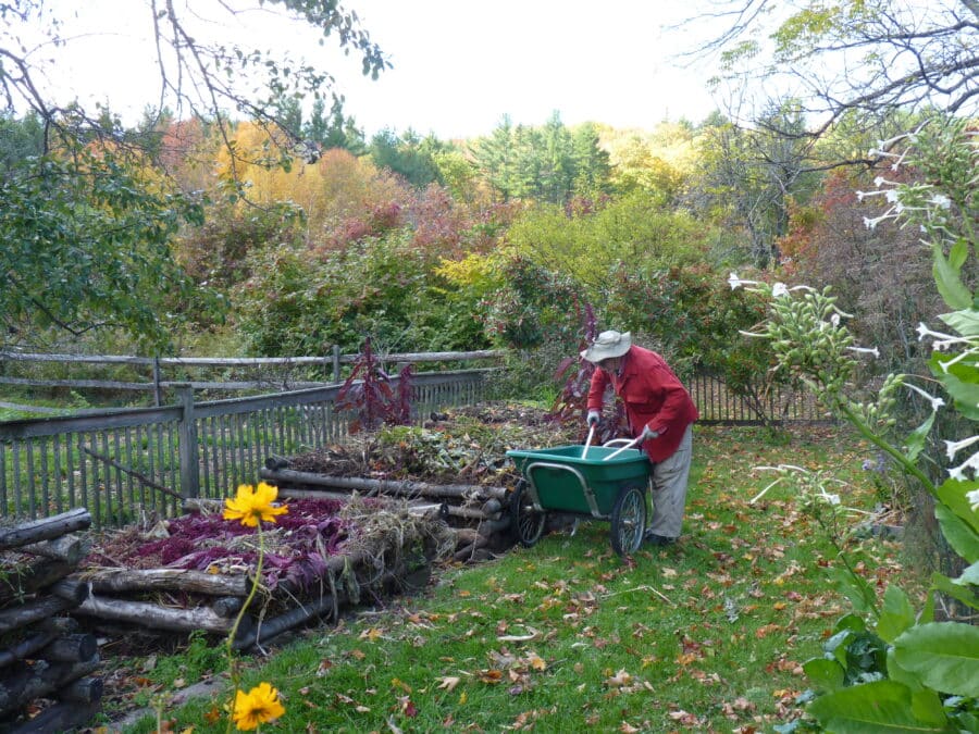 Compost piles at a New Hampshire garden. "The benefit of composting is that it speeds up the natural recycling process for organic (previously living) materials. This allows us to recover carbon and other nutrients from organic materials, like food scraps, more quickly. The result is a natural fertilizer (compost) that can restore soil fertility and offset carbon dioxide emissions." (Laura Orlando)