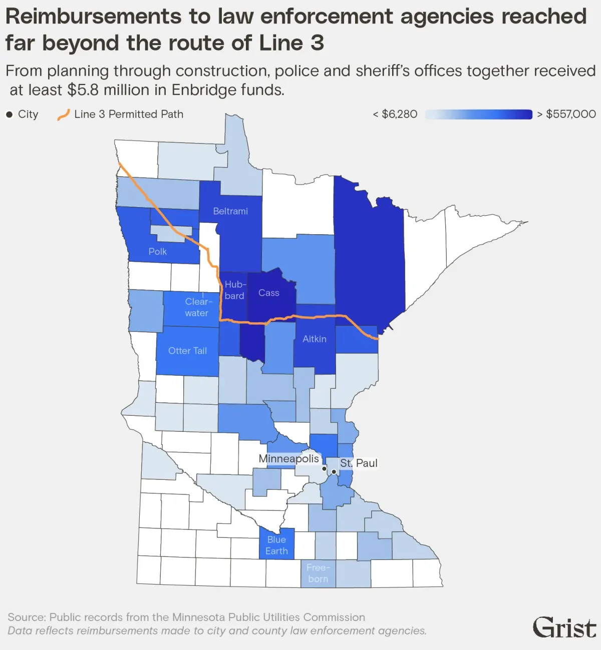 State map showing how some counties far from the route of Line 3 received reimbursements from Enbridge. 