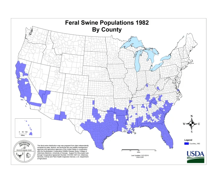 A map of Feral Swine Populations in 1982 by county